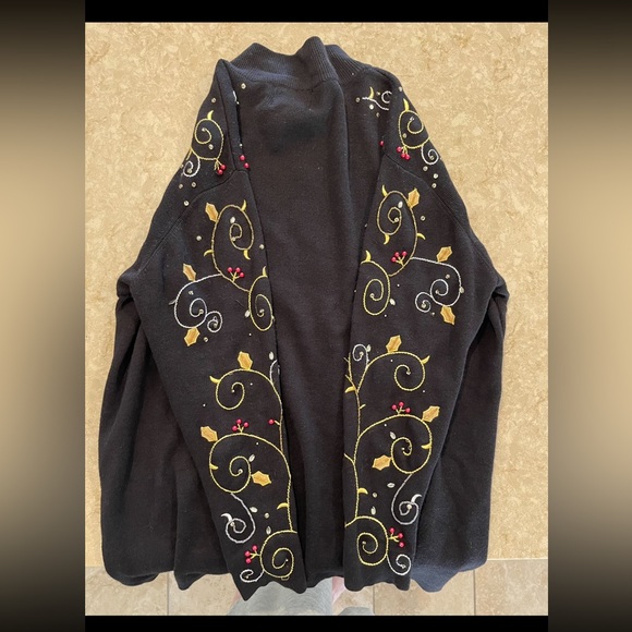 CHRISTMAS HOLLY QUACKER FACTORY Blingy Black Gold Sweater Zipper Jacket Sz 3X - Picture 6 of 8